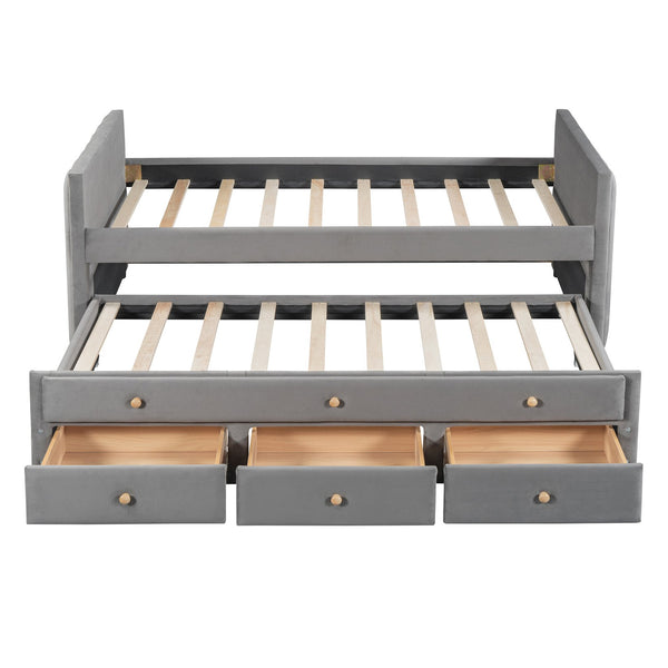 English Elm Twin Upholstered Daybed with Pull-Out Trundle and 3 Drawers, Velvet Finish, Solid Frame, Slat Kit Included Gray SF000147AAE