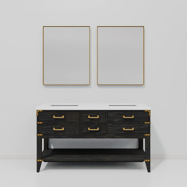 English Elm Black Oak Double Bath Vanity With White Quartz Top, Soft-Close Drawers & Matching Mirrors, 60"W B2731S02162