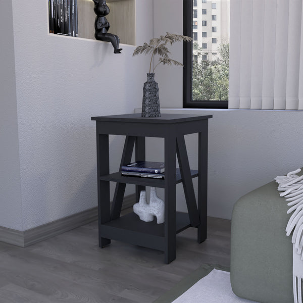 English Elm Clio modern auxiliary table with two open shelves for living room storage and decorative display, durable engineered wood Black 34.65 L x 20.87 W x 3.15 H B128P189931