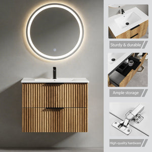 English Elm 30 Inch Floating Bathroom Vanity Fluted Wood Grain Front with Ceramic Integrated Sink W3520S00044