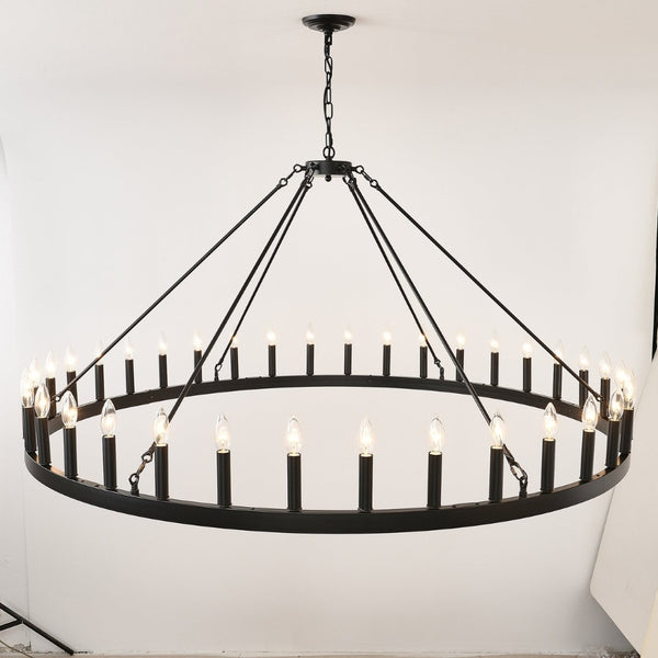 English Elm 59.06 Inch Matte Black Wagon Wheel Chandelier 54 Light Farmhouse Grand Entryway W5008P388933