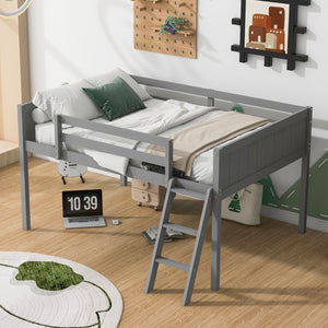 English Elm Full Low Loft Bed Pine Wood with Ladder & Guardrails, Space-Saving Play Area, Secure 350lb Capacity Gray WF531952AAE