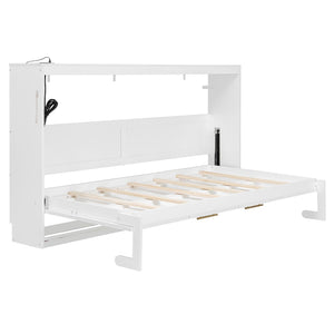 English Elm Twin-size Murphy Wall Bed with Led Lighting Usb Outlet and Decorative Printed Panel White LP000355AAK