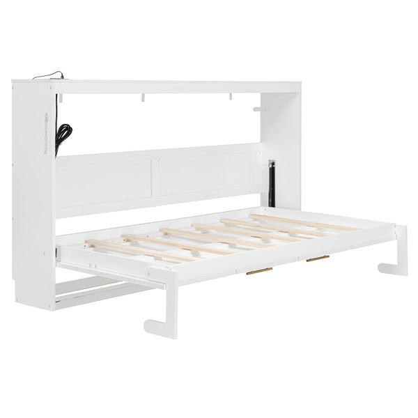 English Elm Twin-size Murphy Wall Bed with Led Lighting Usb Outlet and Decorative Printed Panel White LP000355AAK
