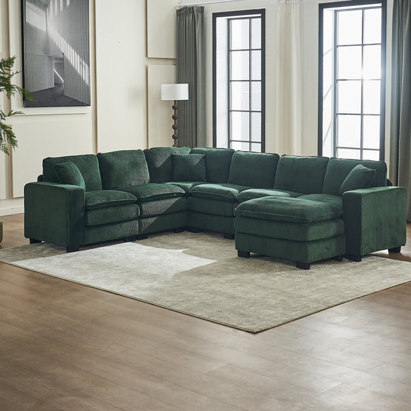 English Elm Modern U Shaped 6-Seat Sectional Sofa with Ottoman and 3 Toss Pillows, Corduroy Modular Comfort and Durable Frame Green W2363S00042