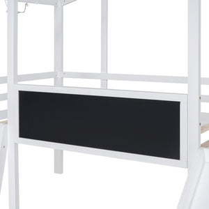 English Elm Twin House Loft Bed with Slide Chalkboard Panel and Led Roofline for Kids White WF324323AAK