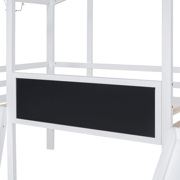 English Elm Twin House Loft Bed with Slide Chalkboard Panel and Led Roofline for Kids White WF324323AAK