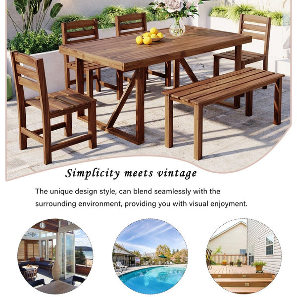 English Elm U_style Solid Acacia Six Piece Outdoor Dining Set for Patio Backyard Entertaining Brown WY000472AAE