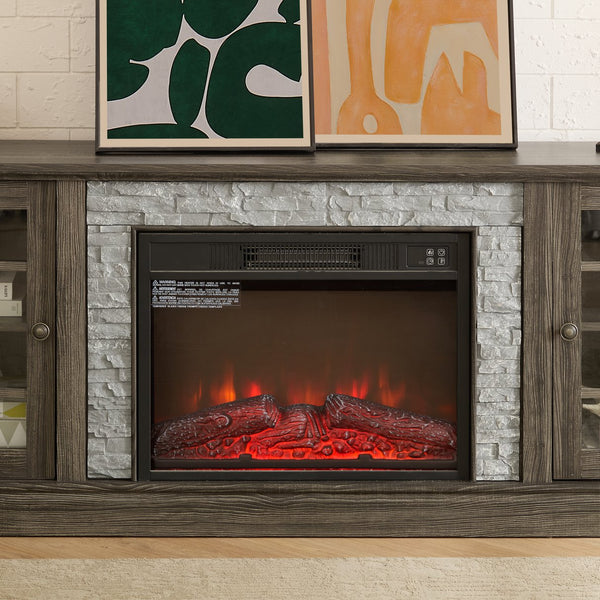 English Elm 70" Modern TV Stand with 23" Electric Fireplace, Faux Stone Mantel, Ample Storage & Cable Management Grey W2275S00024