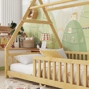 English Elm Twin Montessori Floor Bed House Frame with Led Lighting and Safety Rails for Kids Natural W2593P440591