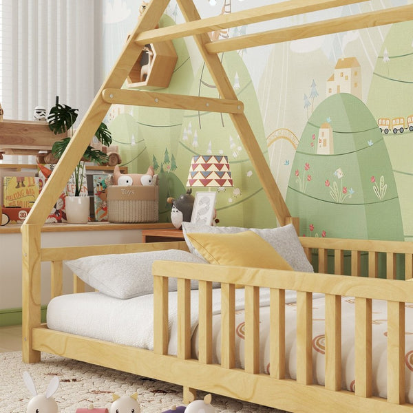 English Elm Twin Montessori Floor Bed House Frame with Led Lighting and Safety Rails for Kids Natural W2593P440591