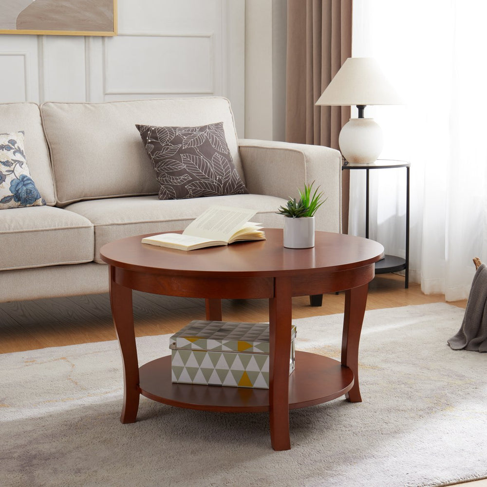 English Elm Traditional Round Coffee Table with Open Shelf, 2-Tier Solid Wood Accent Table for Small Spaces Walnut W1693P216929
