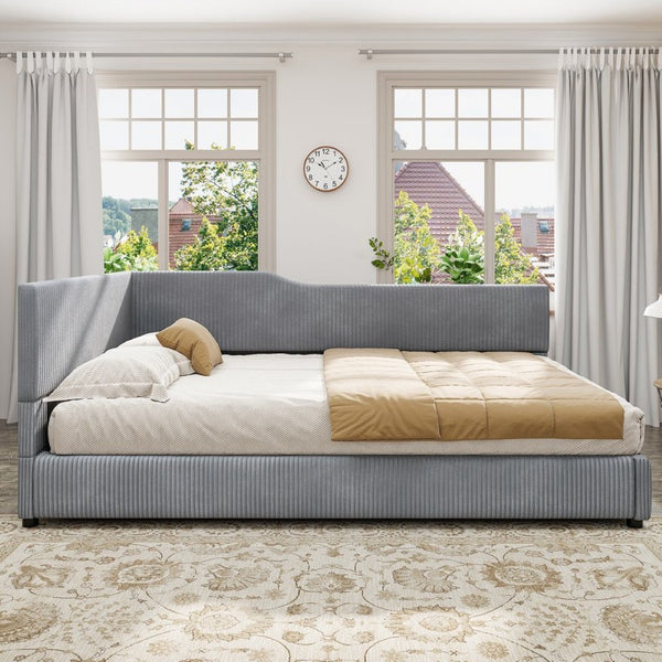 English Elm Full Size L-shaped Corduroy Upholstered Daybed Sofa for Living Room or Studio Gray N737P380207E