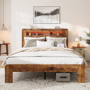 English Elm Bed Frame Queen Size - Stylish Wood Platform With Led Headboard, Usb Ports & Ample Storage, Easy Setup W636P233481