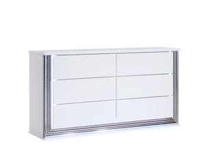 English Elm MOON Modern Smooth White Dresser with LED Accent Lighting, High Gloss Solid Wood & MDF Finish B201P216067