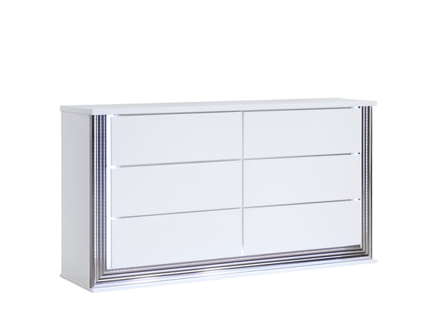 English Elm MOON Modern Smooth White Dresser with LED Accent Lighting, High Gloss Solid Wood & MDF Finish B201P216067