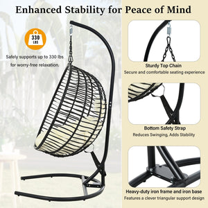 English Elm U_style Wicker Hanging Egg Chair with Stand Hdpe Cocoon Swing for Balcony Garden Black+Beige N711P389503A