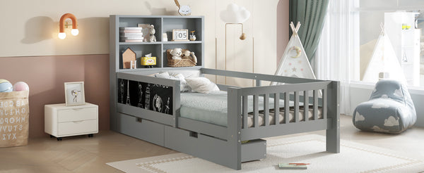 English Elm Twin Chalkboard Platform Bed with Drawers & Shelves, Solid Wood Kids Bed with Storage and Creative Headboard Grey W1580P362706