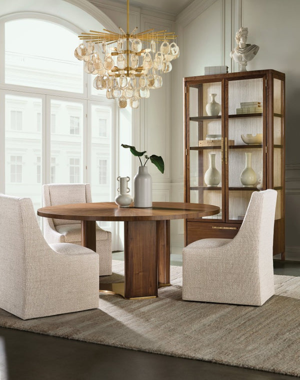 Hooker Furniture Eleana Walnut Display Cabinet With Beveled Glass, Touch Led Lighting, Grass-Cloth Back, Sunlit Bronze Hardware 7252-75906-85