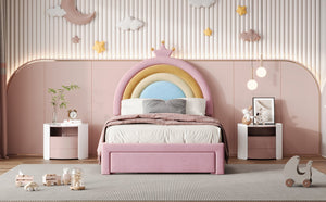 English Elm Twin Velvet Rainbow Bed with Storage Drawer — Pink Upholstered Platform, No Box Spring Needed, Cute N733P234606H