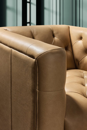 Hooker Furniture Nicolla Chesterfield-Inspired Stationary Chair In Texas Stone Top-Grain Leather With Matte Black Legs Brown SS637-01-070