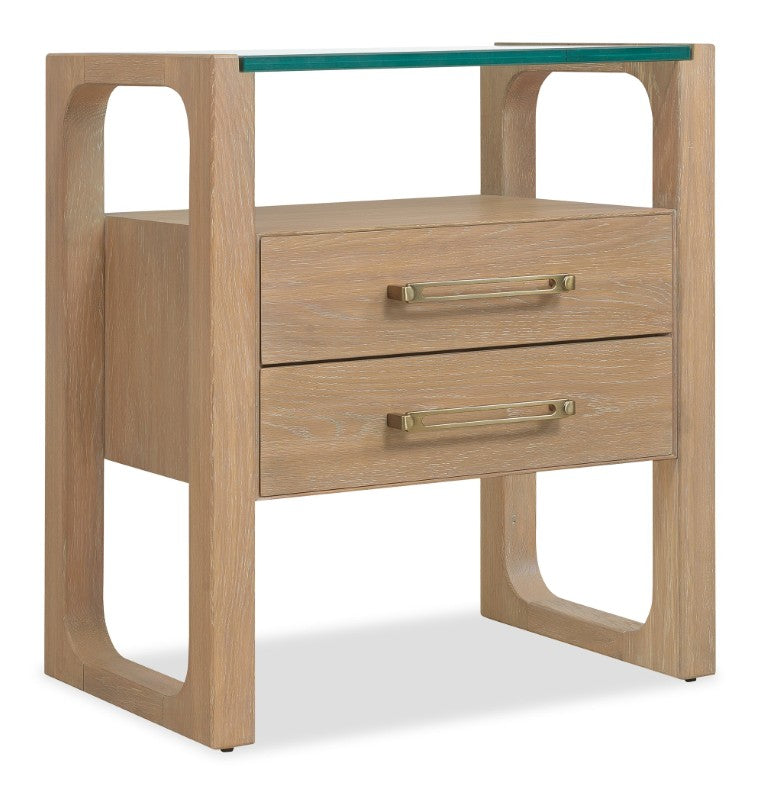 Hooker Furniture Banyon Desert Oak Two-Drawer Nightstand With Tempered Glass Top, Brushed Brass Hardware, Modern Texture 6081-90116-82