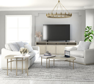 A.R.T. Furniture Cotiere Modern Entertainment Console: Linen Finish, Adjustable Shelves & Stylish Fabric-wrapped Doors Beige Parawood Solids,Mixed Split Cathedral And Quartered White Oak Veneer,Fabric 299423-2349