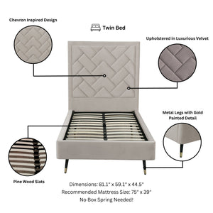 English Elm Crosby Upholstered Velvet Twin Bed in Greige with Chevron Headboard, Solid Slats, Foam Padding, No Box Spring Needed B365S00043