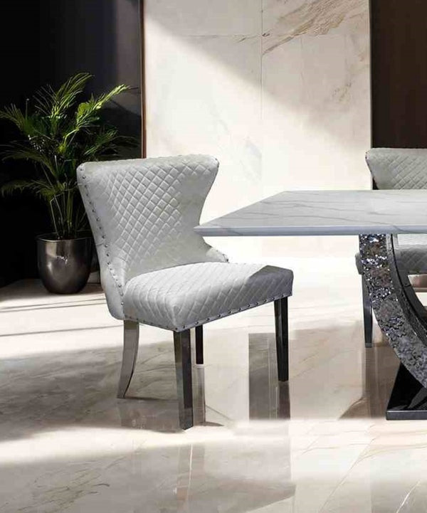 English Elm Glam Side Chair Set - Modern White Upholstery With Diamond Pattern, Nailhead Trim & Silver Legs B2741P406809