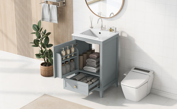 English Elm 20" Compact Bathroom Vanity Grey Mdf Cabinet Ceramic Sink Soft Close Storage N725P351851E