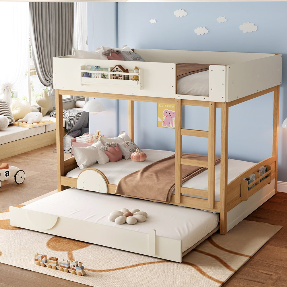 English Elm Queen Bunk Bed with Trundle Solid Pine Kids Car Themed Frame Built-in Bookshelf Natural+Beige W1580S00449