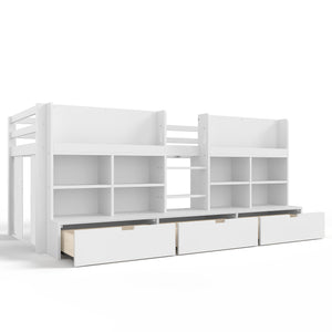 English Elm Twin Xl Low Loft Bed with Curtain Hideaway Chalkboard and Built-in Storage Shelves W1580S00399