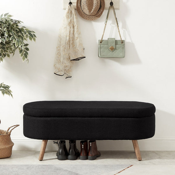 English Elm Luxury Boucle Oval Ottoman Bench with Hidden Storage Rubberwood Legs Entryway Seat Black W2186P430719