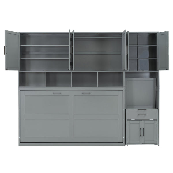 English Elm Twin Murphy Wall Bed with Integrated Closet Drawers and Desk for Studio Spaces Gray LP000595AAE-1