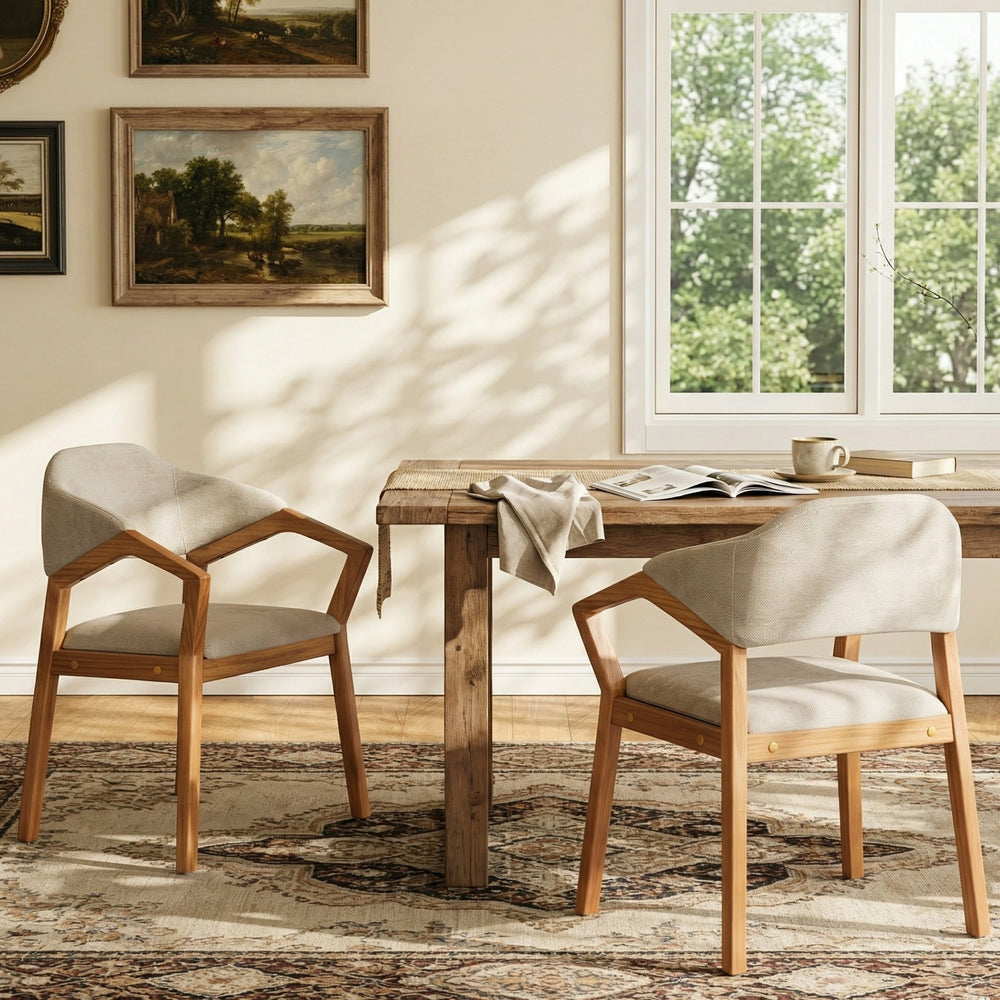 English Elm Indoor Chenille Upholstered Arm Dining Chairs Set of 2 with Bentwood Teak Frame N779P370761O
