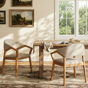 English Elm Indoor Chenille Upholstered Arm Dining Chairs Set of 2 with Bentwood Teak Frame N779P370761O