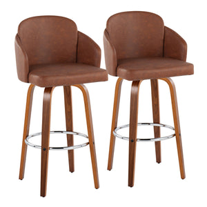 English Elm Fixed-height Mid-century Barstools with Walnut Legs and Grey Upholstered Seats Set Camel B202S01902