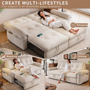 English Elm It 77-inch convertible velvet sofa bed, 2-in-1 loveseat to guest bed with steel frame, high-resilience foam comfort Beige W3820S00014