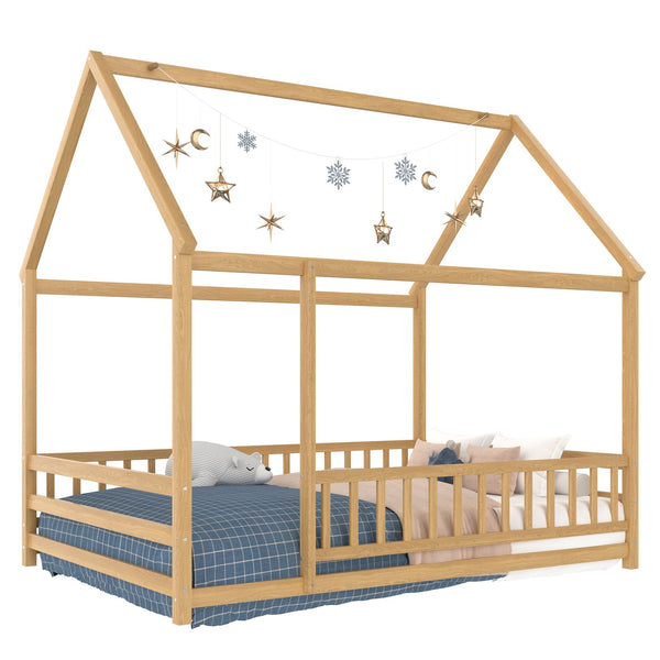 English Elm Twin Pine House Frame Floor Bed with Peaked Roof and Fence Guardrails for Kids Natural W1858P389982