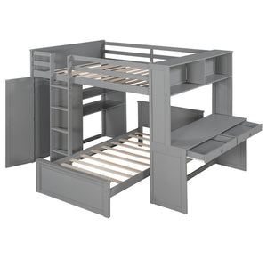 English Elm Full Twin Loft Bed with Desk Wardrobe Shelves Pine Wood Frame Kids Bedroom Gray LT000821AAE-1