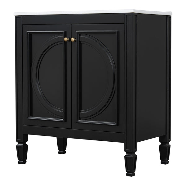 English Elm Christopher Knight Home® - 30" Bathroom Vanity with Sink Vintage Freestanding Ceramic Top Soft-Close Doors Gold Knobs, Storage Black N759P226000B