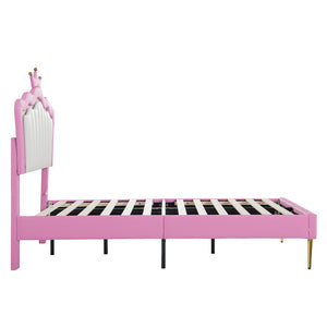 English Elm Twin Size Upholstered Bed Frame With Crown Headboard & Led Lights - Modern Pink & White Princess Style W2770P190377-GIGA