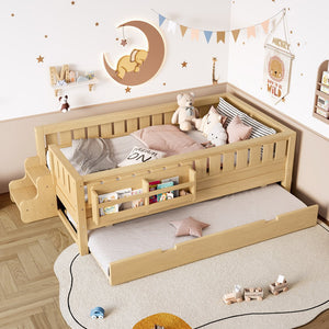 English Elm Twin Kids Platform Bed with Trundle Staircase Bookshelf and Rounded Safety Rails Light Natural W1580S00557