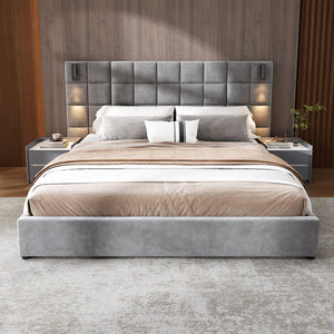 English Elm Upholstered King Bed Wide Velvet Headboard Built-in Reading Lamps and Usb Ports N757K200132G