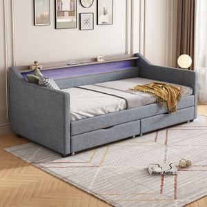 English Elm Twin Size Daybed With Smart Led Light, Usb Ports & 2 Storage Drawers - Modern Linen Sofa Frame W2336S00027-GIGA
