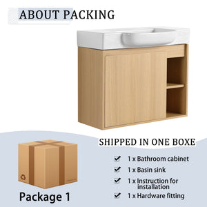 English Elm 28'' Floating Bathroom Vanity with Ceramic Sink Soft Close Door Melamine Cabinet Light Oak W999P426639