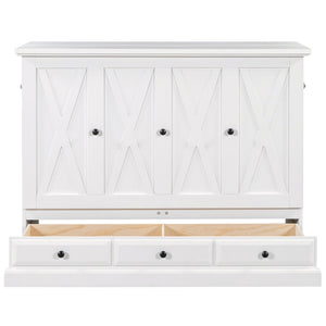 English Elm Farmhouse Pine Wood Murphy Cabinet Bed with Charging Station and Rolling Storage Drawer BS701P170501K