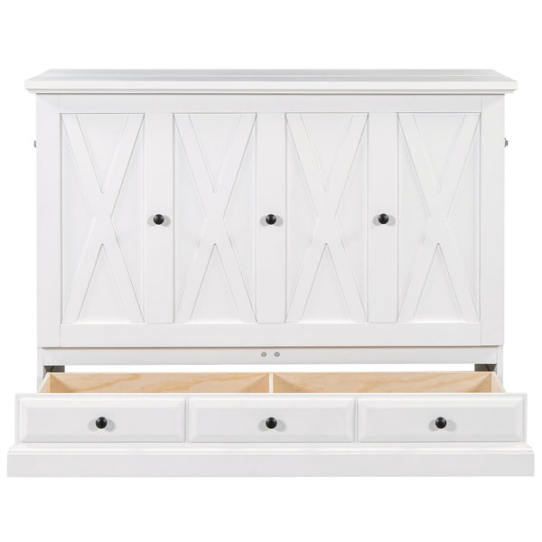 English Elm Farmhouse Pine Wood Murphy Cabinet Bed with Charging Station and Rolling Storage Drawer BS701P170501K