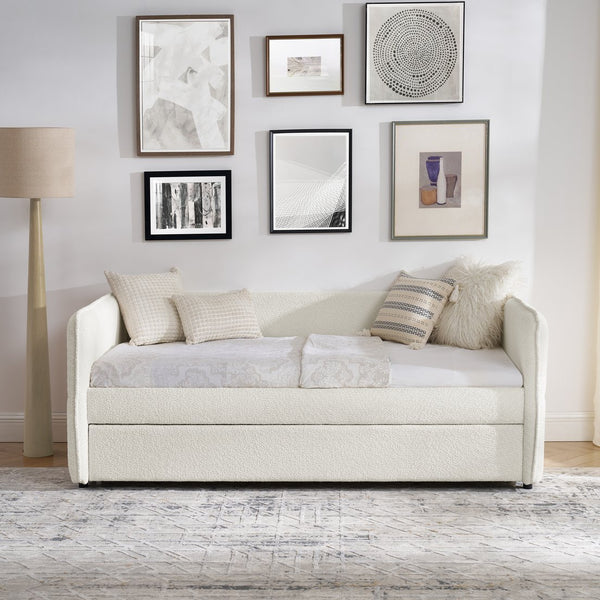English Elm Daybed With Trundle - Elegant Tufted Sofa Bed In Soft Beige Boucle For Stylish Small Spaces & Guests W1413S00092