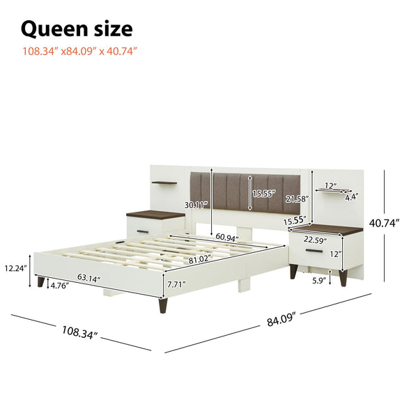 English Elm Christopher Knight Home® - Queen Upholstered Bed Frame with 2 Nightstands, 108" Headboard, Floating Shelves, White Brown Finish N758Q080001W